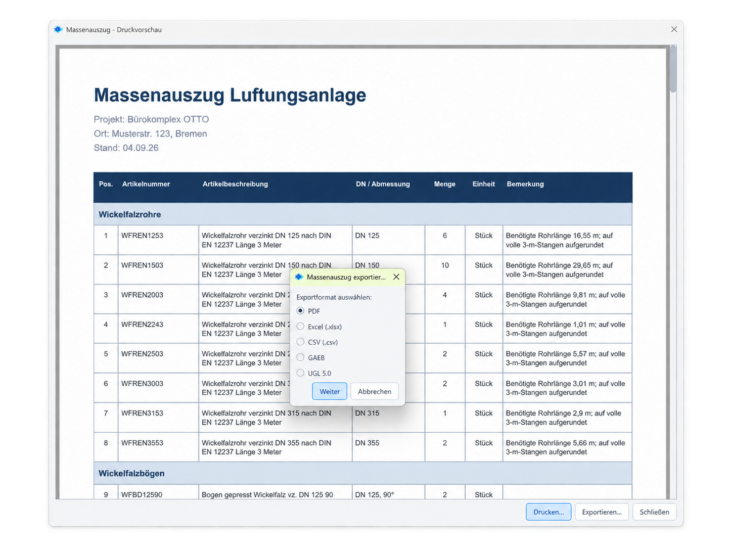 Massenauszug und Exportmöglichkeiten in NextTGA Easy Vent